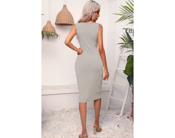 Drawstring Ruched Slit Sleeveless Dress