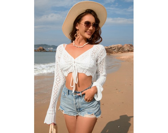 Drawstring Openwork Long Sleeve Cover-Up