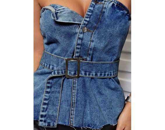 Buttoned Raw Hem Tube Denim Top